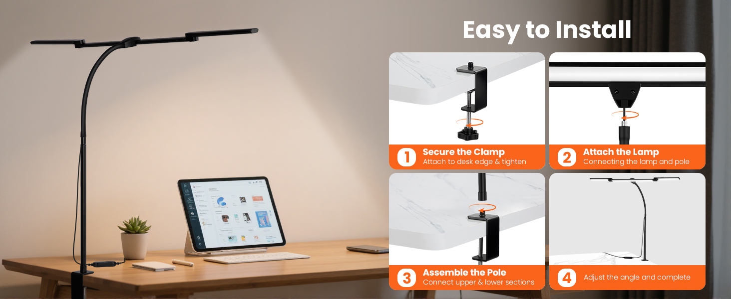 LED Desk Lamp for Office Home, Eye Caring Clip on Desk Light with Clamp