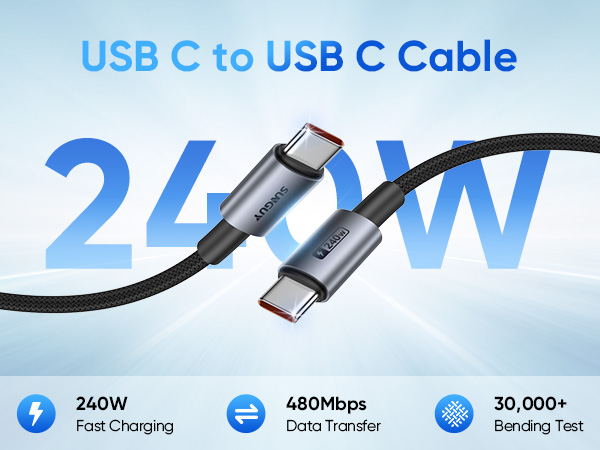 240W USB-C Cable, Braided, 30000+ Bend, Fast Charge for Laptops/Phones