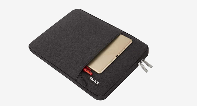 Black zippered sleeve for electronic devices. Features a front pocket and appears padded for protection.