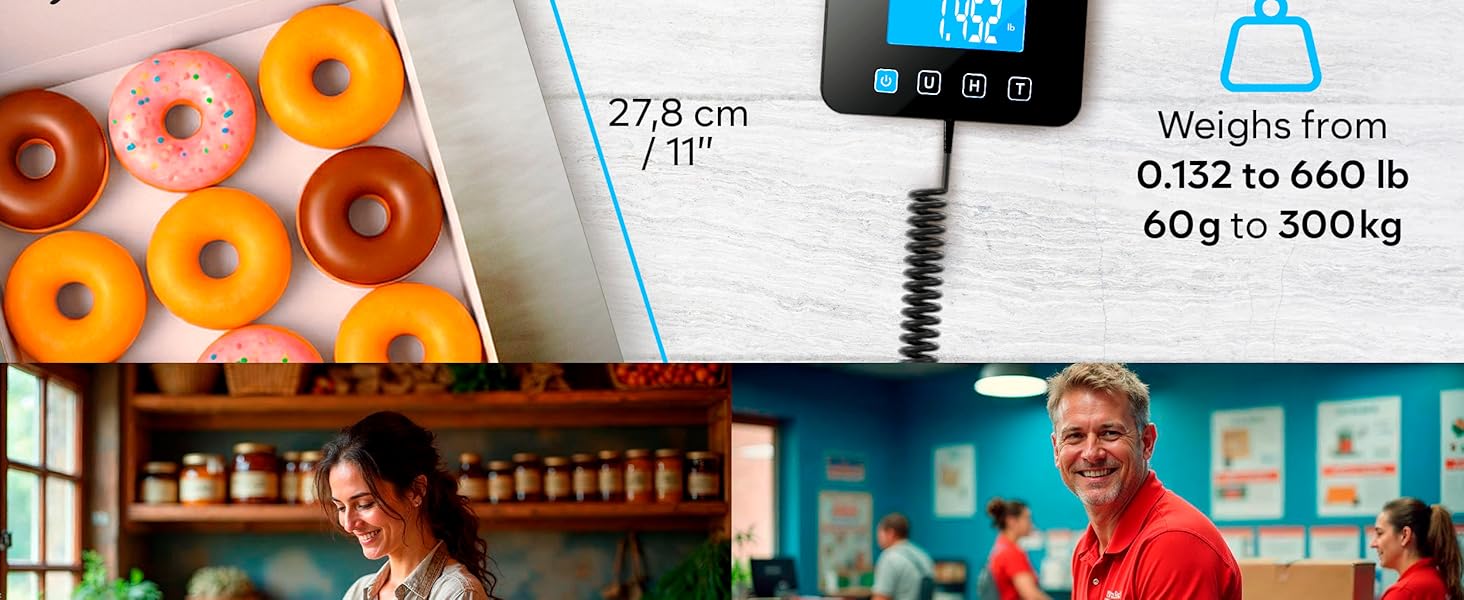 Text shows '27.8 cm/11', '60g to 500g'. Restaurant interior scenes with digital display screens and food service settings.
