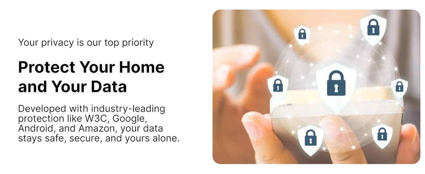 Hands holding phone with security lock icons, highlighting AlfredCamera’s data privacy protection.