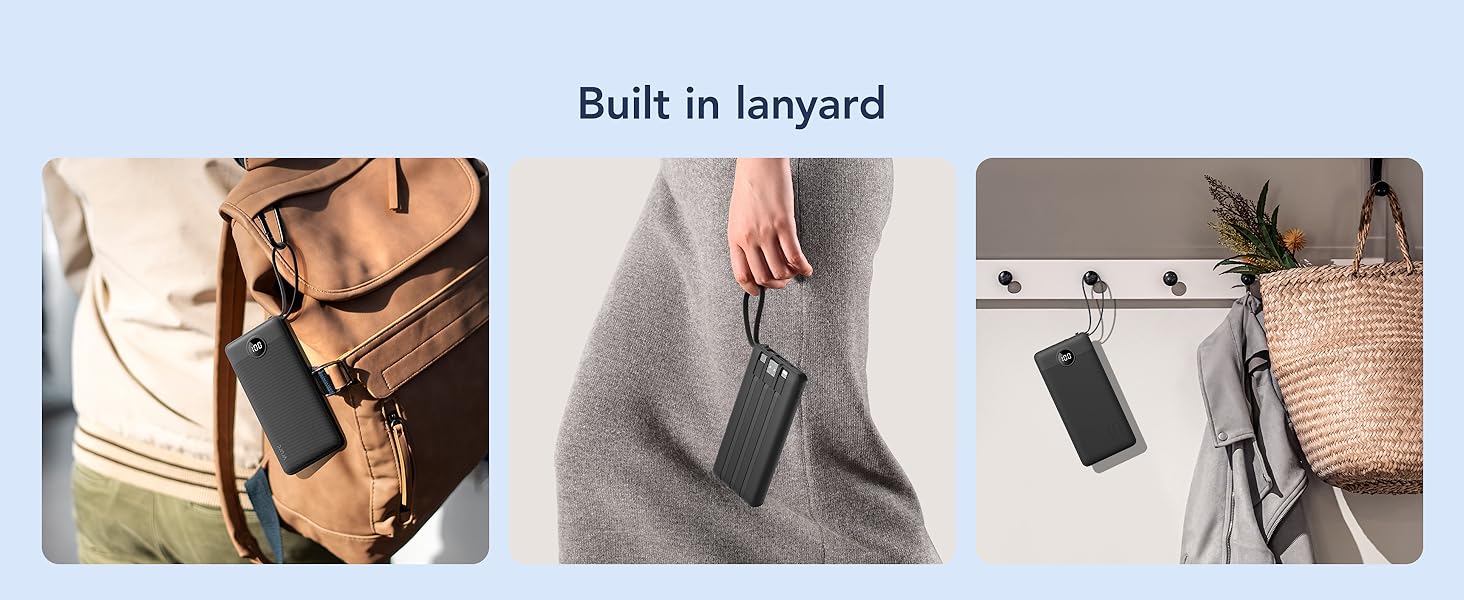 Collage showing a black rectangular device with a built-in lanyard worn around the neck, clipped to clothing, and hanging from hooks.