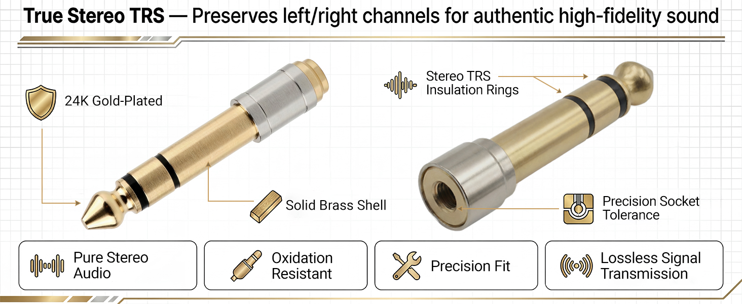 24K gold-plated 6.35mm to 3.5mm TRS stereo adapter for lossless signal.