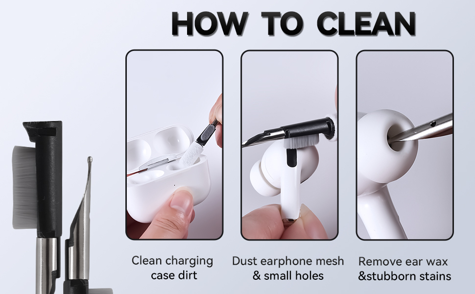 Text reads 'HOW TO CLEAN' followed by step-by-step demonstration images showing cleaning process with labeled instructions.