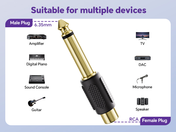 rca to 1/4 adapter- suitable for multiple devices 3.5mm and 6.35mm