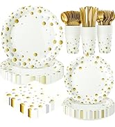 White and Gold Dots Plates Set for 24 Guests,168PCS Disposable Dinnerware Party Supplies,Paper Pl...