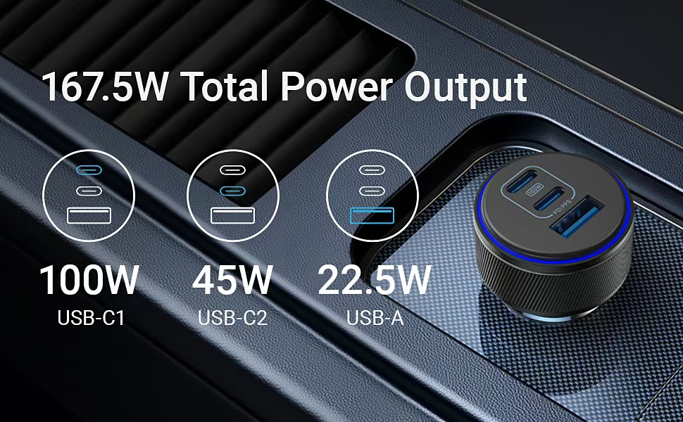 100W Max Output Triple Port Car Charger