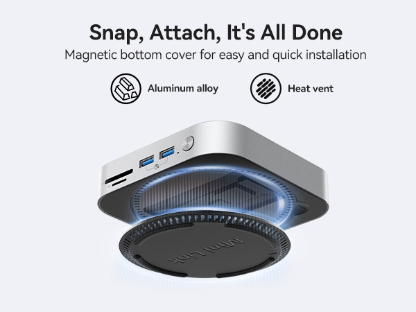 Magnetic bottom computer hub with aluminum alloy construction and heat vent features. Device shows USB ports and appears designed for under-desk mounting.