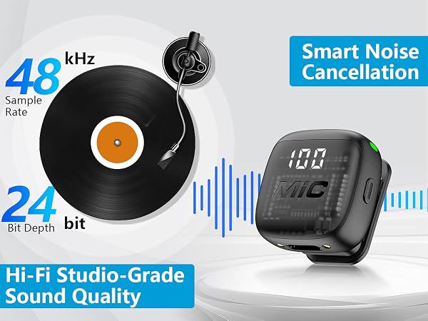 Text reads '48 kHz Sample Rate', '24 bit Depth', 'Smart Noise Cancellation', 'HI-FI Studio-Grade Sound Quality'. Vinyl turntable with orange center label and compact black noise-canceling microphone device displaying digital screen.