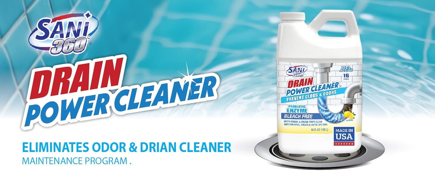 SANI 360 Drain Power Cleaner bottle with water splash background