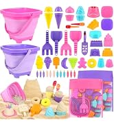 Collapsible Beach Toys Set for Kids 3-10, Collapsible Sand Bucket with Beach Molds and Mesh Bag, ...
