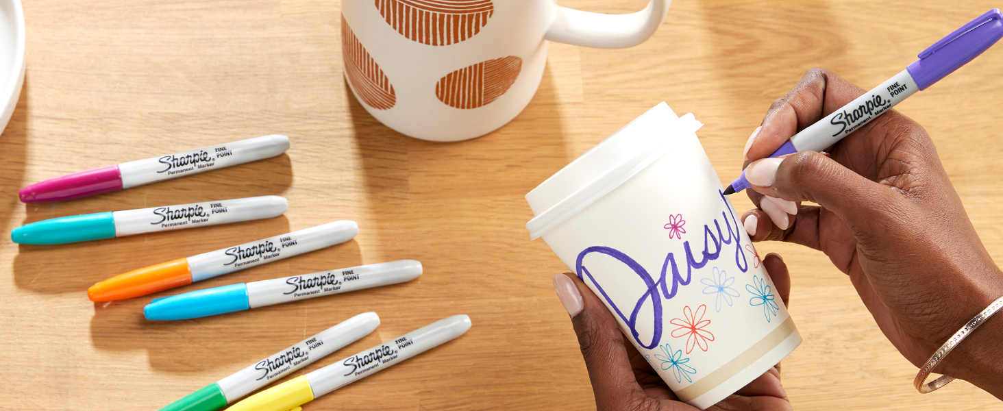 sharpie permanent marker purple fine point tip type coffee cup art craft label daisy name office