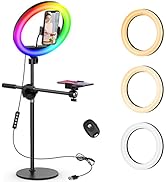 Selfie Ring Light with Stand and 2 Phone Holder, Overhead Camera Mount for iPhone. 10.5" RGB Ring...