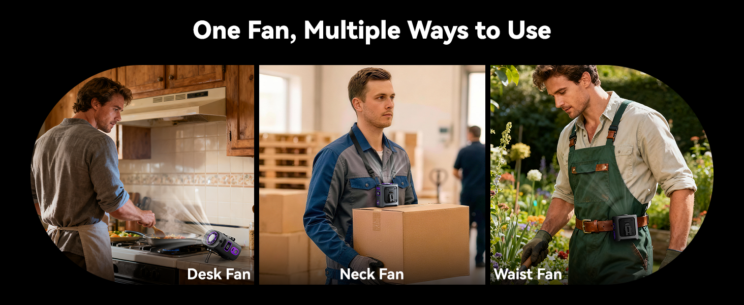 3-in-1 design: neck fan, waist fan, or desk fan.