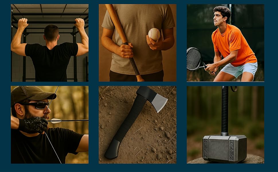 Thunder Tape applied to pull up bar, gym, sports, hammer, tools, archery, bow, baseball bat