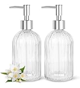 2 Pack Stripe Glass Soap Dispenser with Silver Plastic Pump, 400ml Liquid Hand Soap Dispenser, Ru...