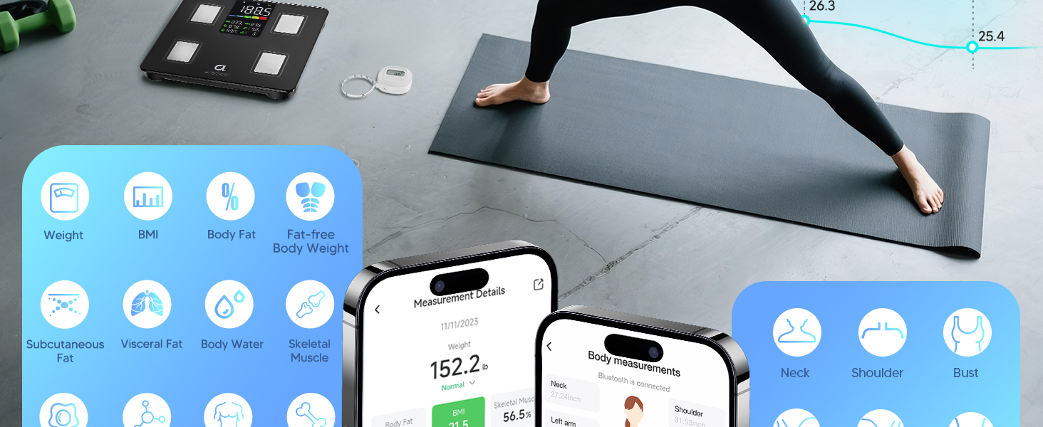 Smart scale with app tracking body metrics like BMI, fat, muscle, and water during home workout.