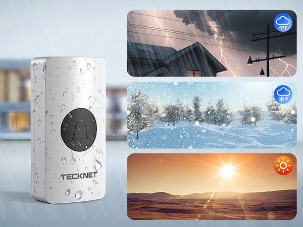 Weather station device with display panels showing sunny, snowy, and rainy conditions. White cylindrical design with visible sensors.