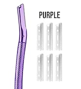 Text reads: 'PURPLE'. Product image shows purple textured razor handle with six white replacement blade cartridges displayed to the right.