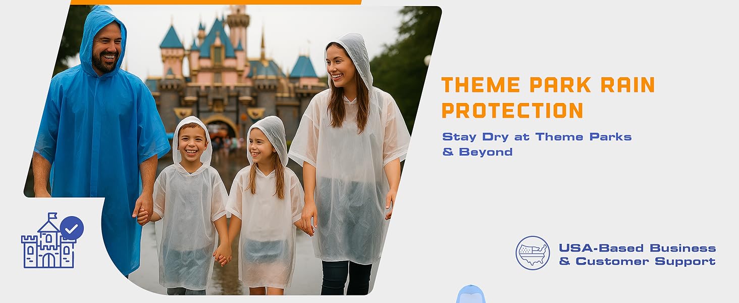 Family in rain ponchos at a theme park