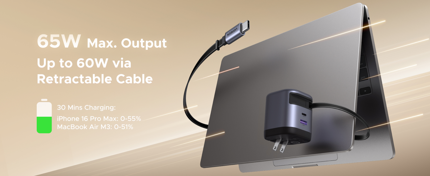 65W Max.Output Up to 60W via Retractable Cable