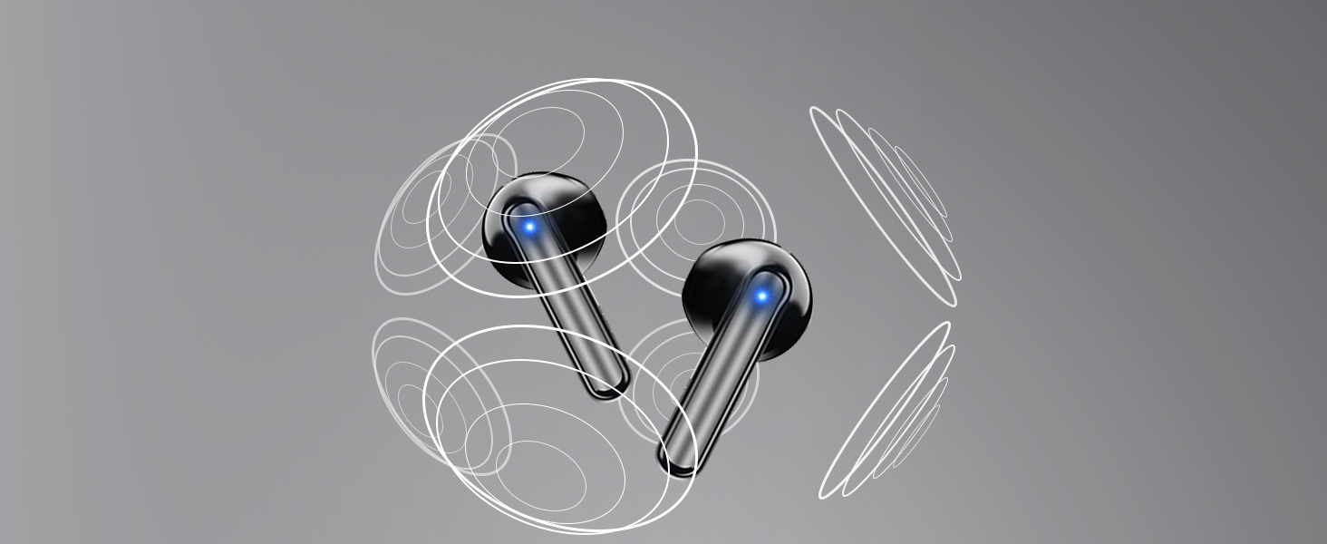 Wireless earbuds with metallic blue and black finish. Stem-style design with circular eartips. Transparent, curved lines suggest sound waves or connectivity around the earbuds.