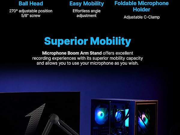gaming mic podcast microphone stand arm boom studio pc computer streaming desk low profile cable cam