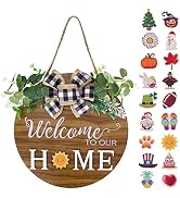 JPSOR Interchangeable Seasonal Welcome Sign, Round Wood Wreaths with 18 Seasonal Icons for Front ...