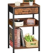 Lerliuo End Table with Fabric Drawer,3 Tier Industrial Wood Side Table with Storage,Modern Tall P...