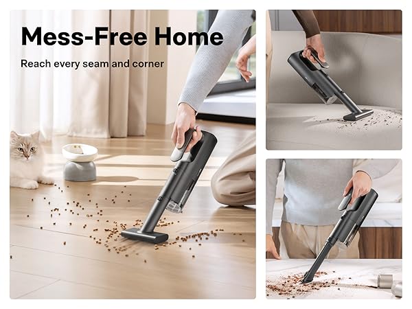 pickups crumbs, debris or cat food on desks, bedding, sofas and countertops, clearing coffee grounds