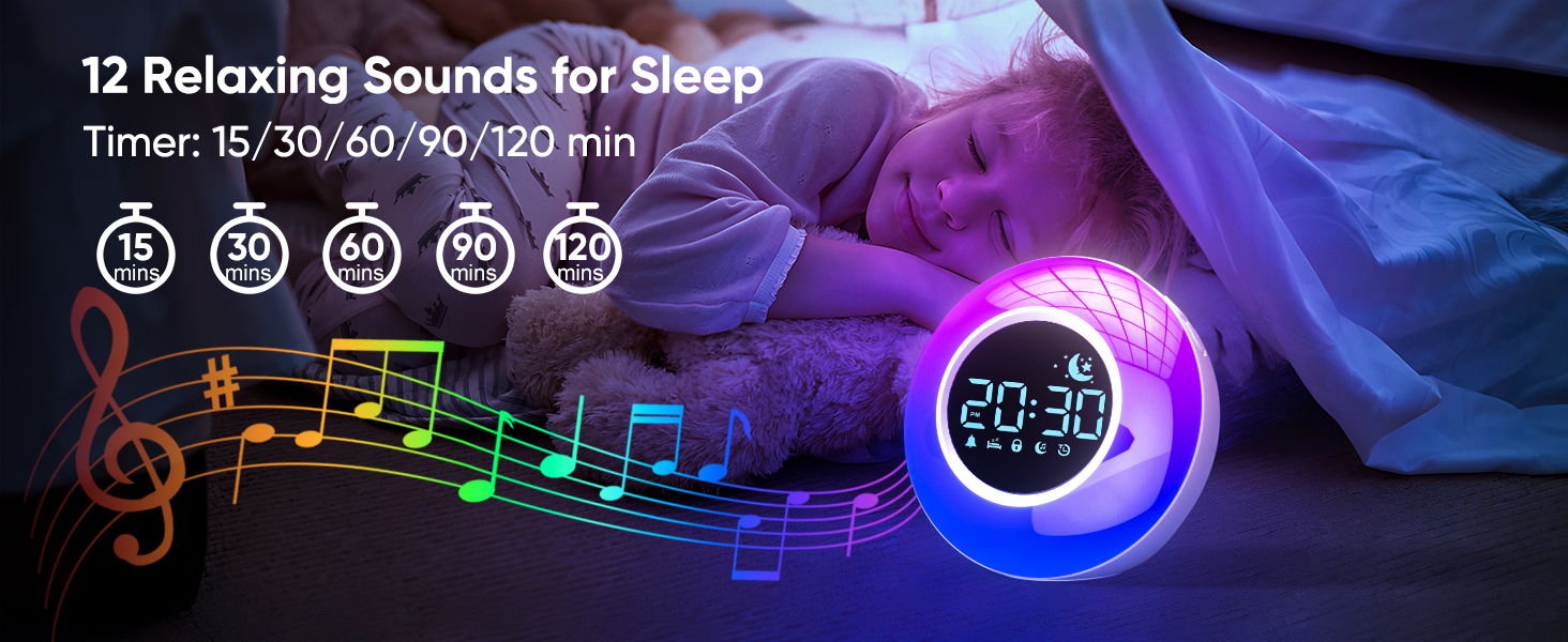 sound machine alarm clock with 12 calming sounds with auto-ff timer for sleep