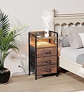 Night Stand Bedside Table Bedroom - Nightstand with Charging Station &amp; LED Light Strip, Bed Side ...