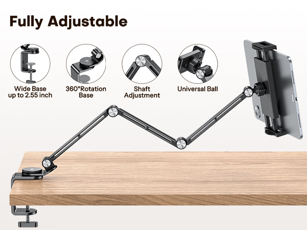 Multiple images demonstrating tablet holder features: universal ball joint, adjustable arm positions, and device mounting capabilities. Icons show key features and adjustability range.