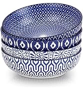 Set of four stacked ceramic bowls with blue and white patterns. Each bowl features a different intricate design, including geometric shapes and floral motifs.