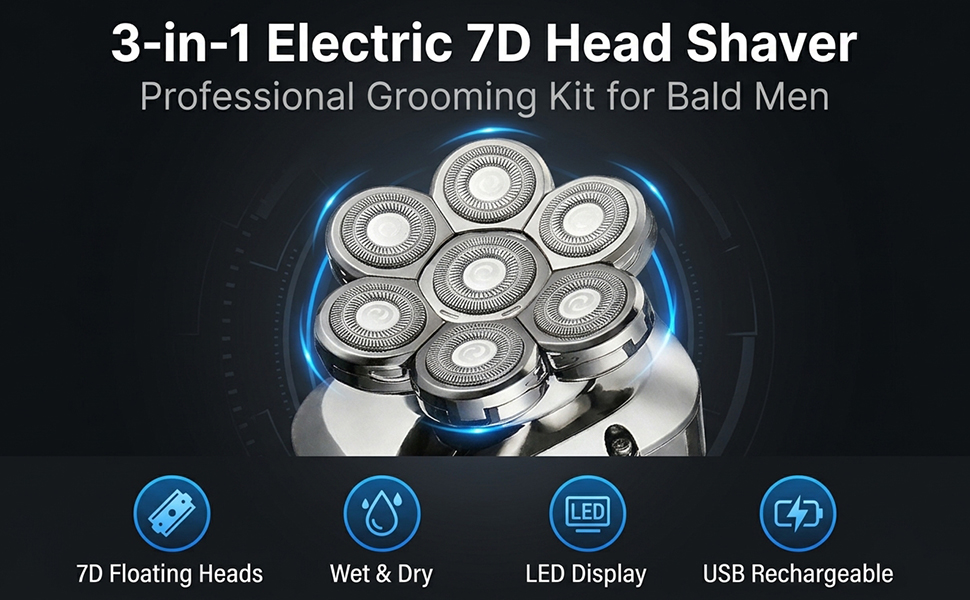 3-in-1 Electric 7D Head Shavers for Bald Men