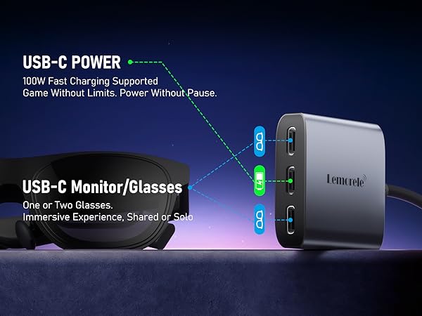 Text reads 'USB-C POWER' and 'USB-C Monitor/Glasses'. Technical product interface displaying blue illuminated indicators and connection options.