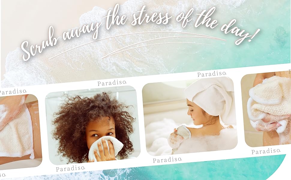 Postage stamp images of people using the wash cloths while bathing