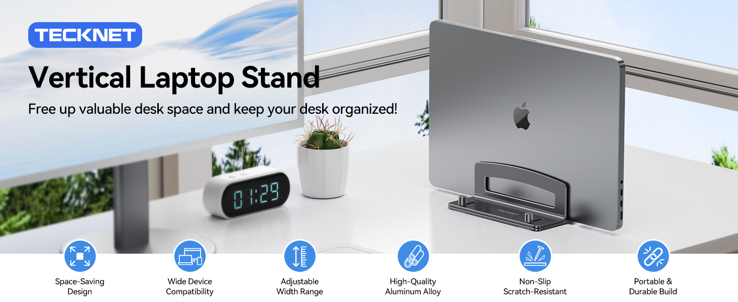 Vertical laptop stand saves space and keeps your desk organized.