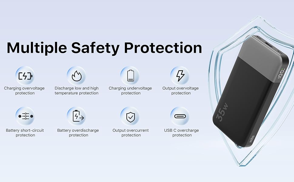 Text reads 'Multiple Safety Protection'. Banner showing multiple safety icons and protection features for an electronic device.