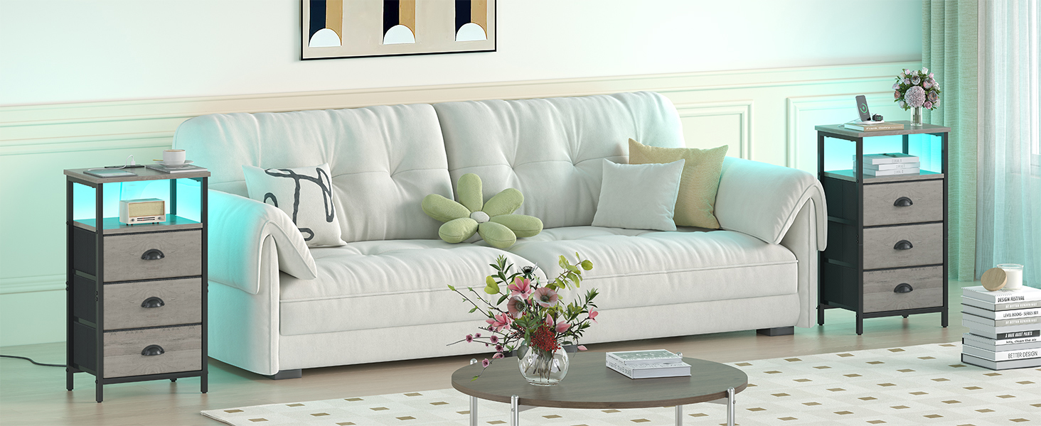 LED nighstand with Charging station ,Rustic brown Night stand with 3 drawers