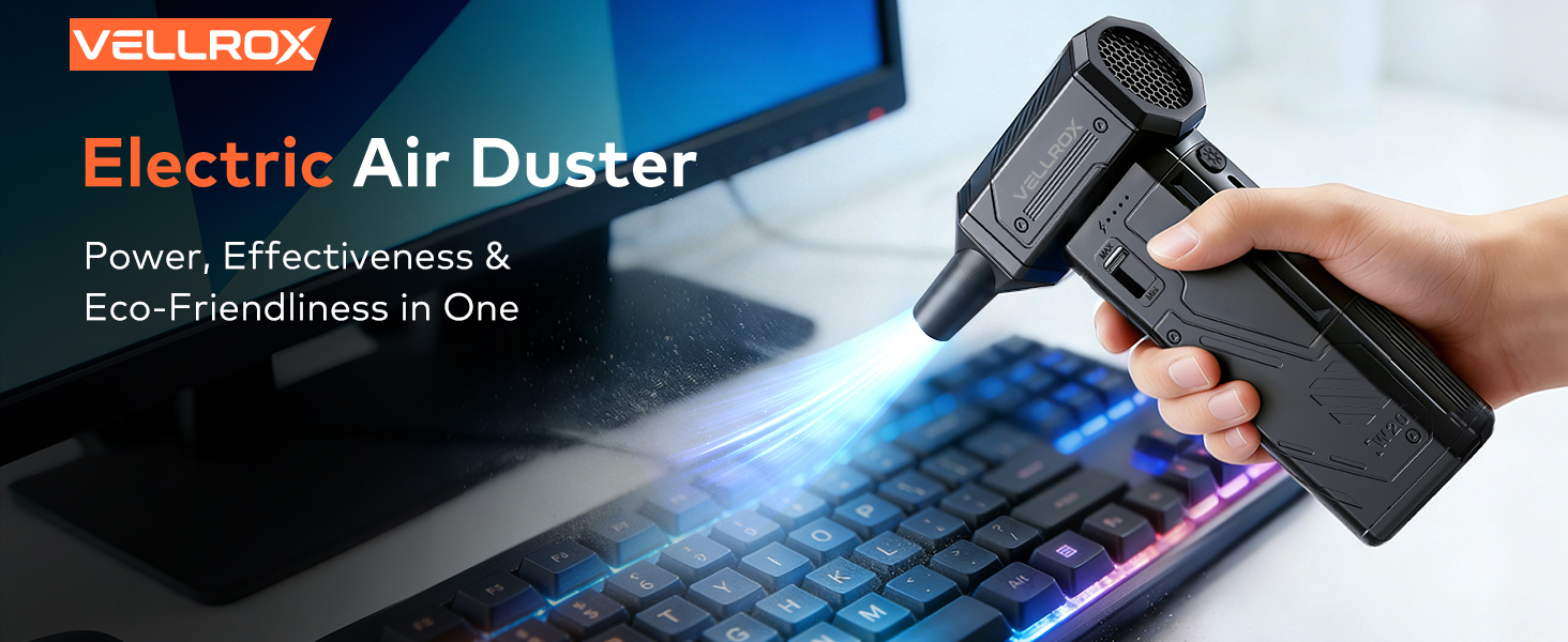 VELLROX electric air duster compressed air alternative for cleaning keyboards,electronics,and more
