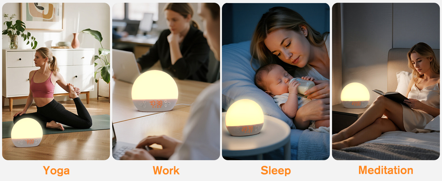 Text reads 'Yoga', 'Work', 'Sleep', 'Meditation'. Grid of images showing various relaxation and wellness activities with descriptive labels.