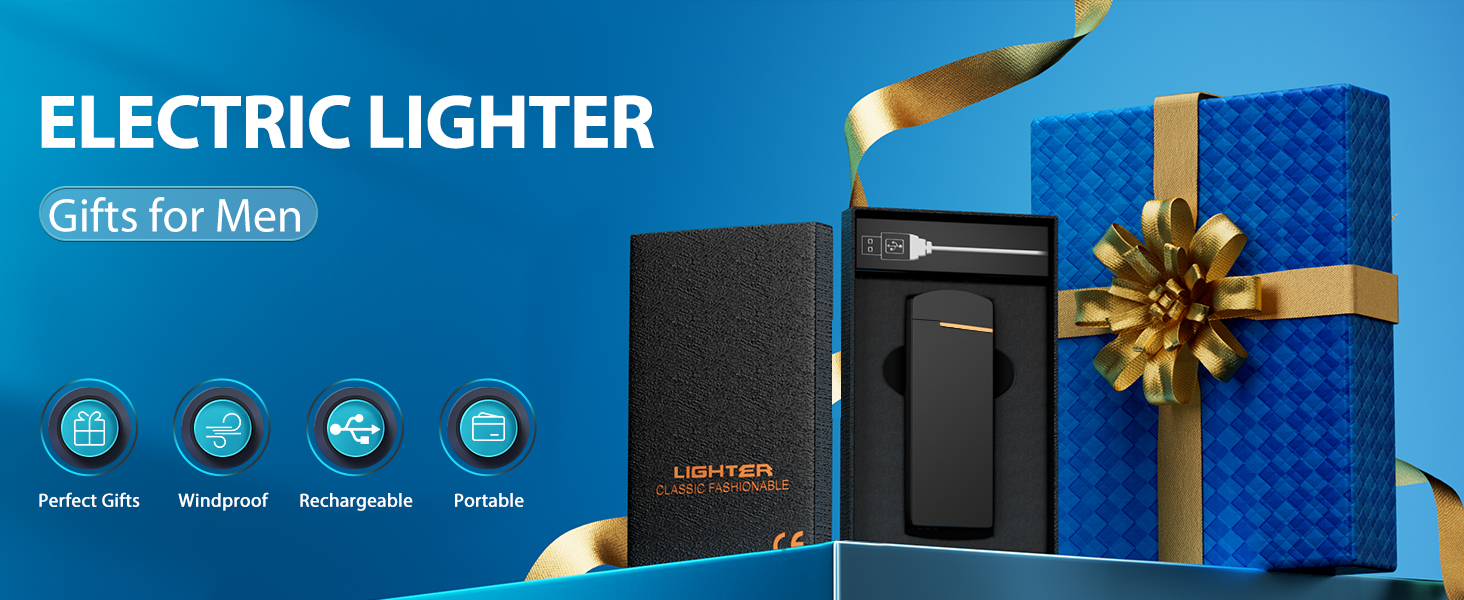Electric lighter in gift packaging. Blue box with gold ribbon and bow. Product features icons indicate 'Perfect Gifts', 'Windproof', 'Rechargeable', and 'Portable'.