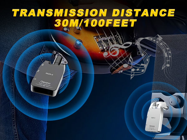 Wireless transmission device diagram showing 30M/100FEET range. Two gray devices emit blue concentric circles, with various electronic components illustrated.