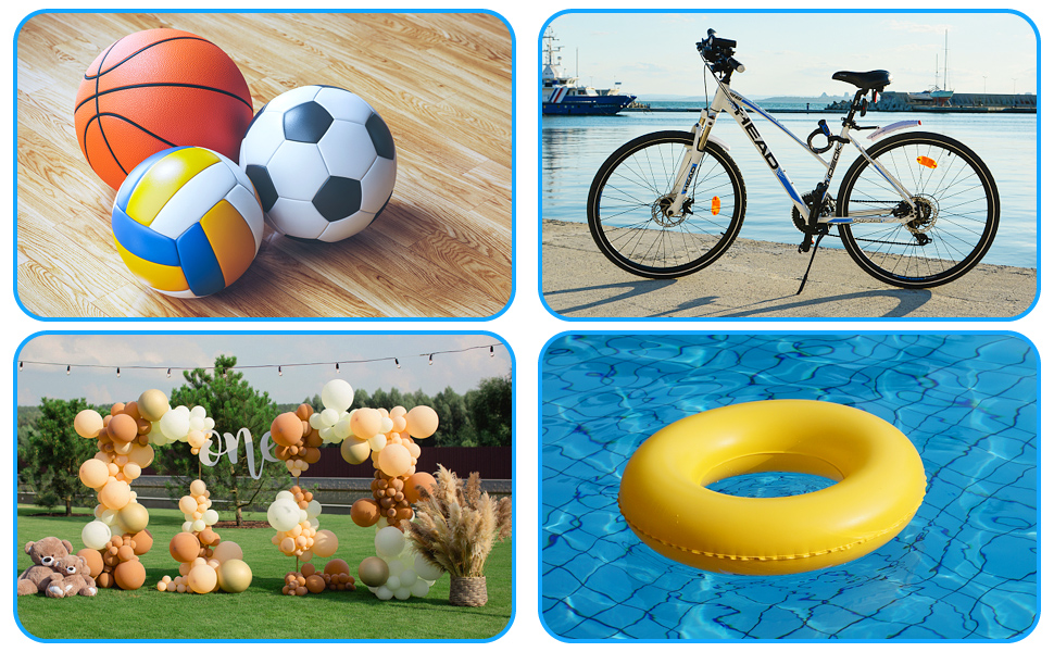 Four-panel image: sports balls on wood floor, bicycle by water, decorative pumpkins and flowers, yellow pool float on blue water.