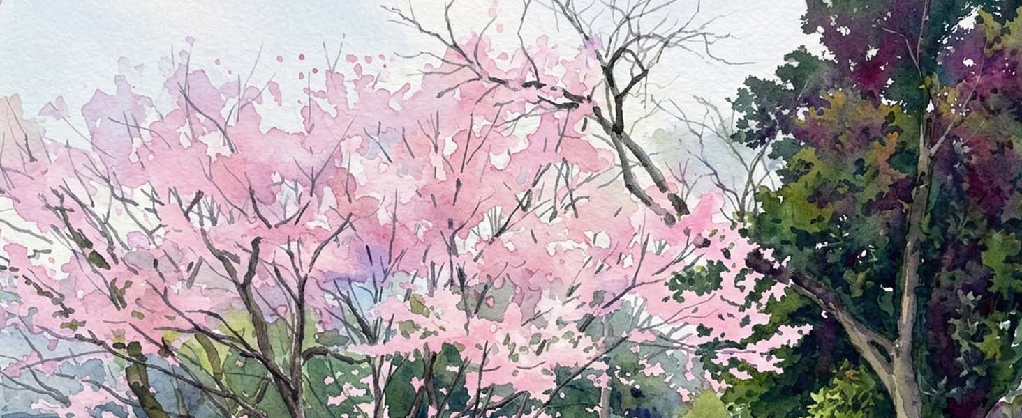 water color paint pink flower and tree