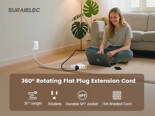 360° Rotating Flat Plug Extension Cord