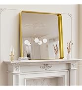 Koonmi Gold Wall Mirror for Bathroom, 29x29 Inch Matte Deep Framed Rounded Rectangle Vanity Mirro...