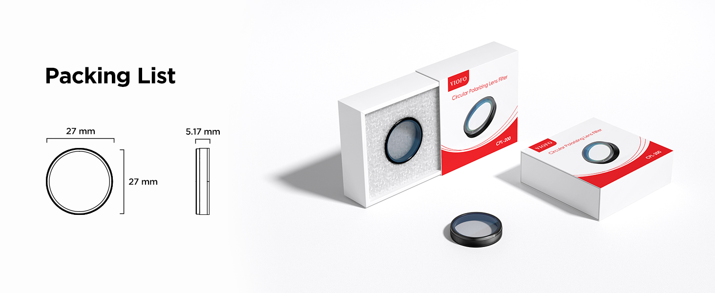 VIOFO CPL-200 packing list showing the 27mm diameter lens filter and its official retail packaging.