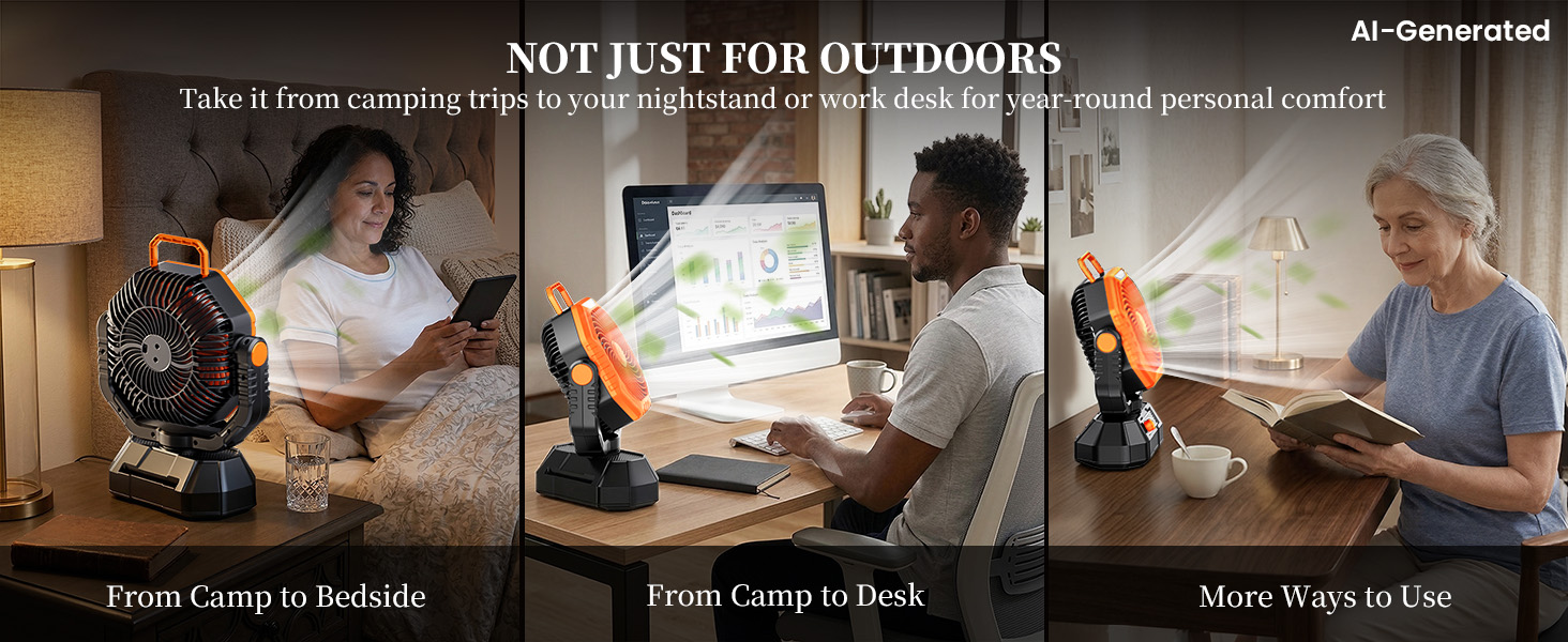 Useful at home and office too. This fan for camping tent doubles as a desk or bedside fan